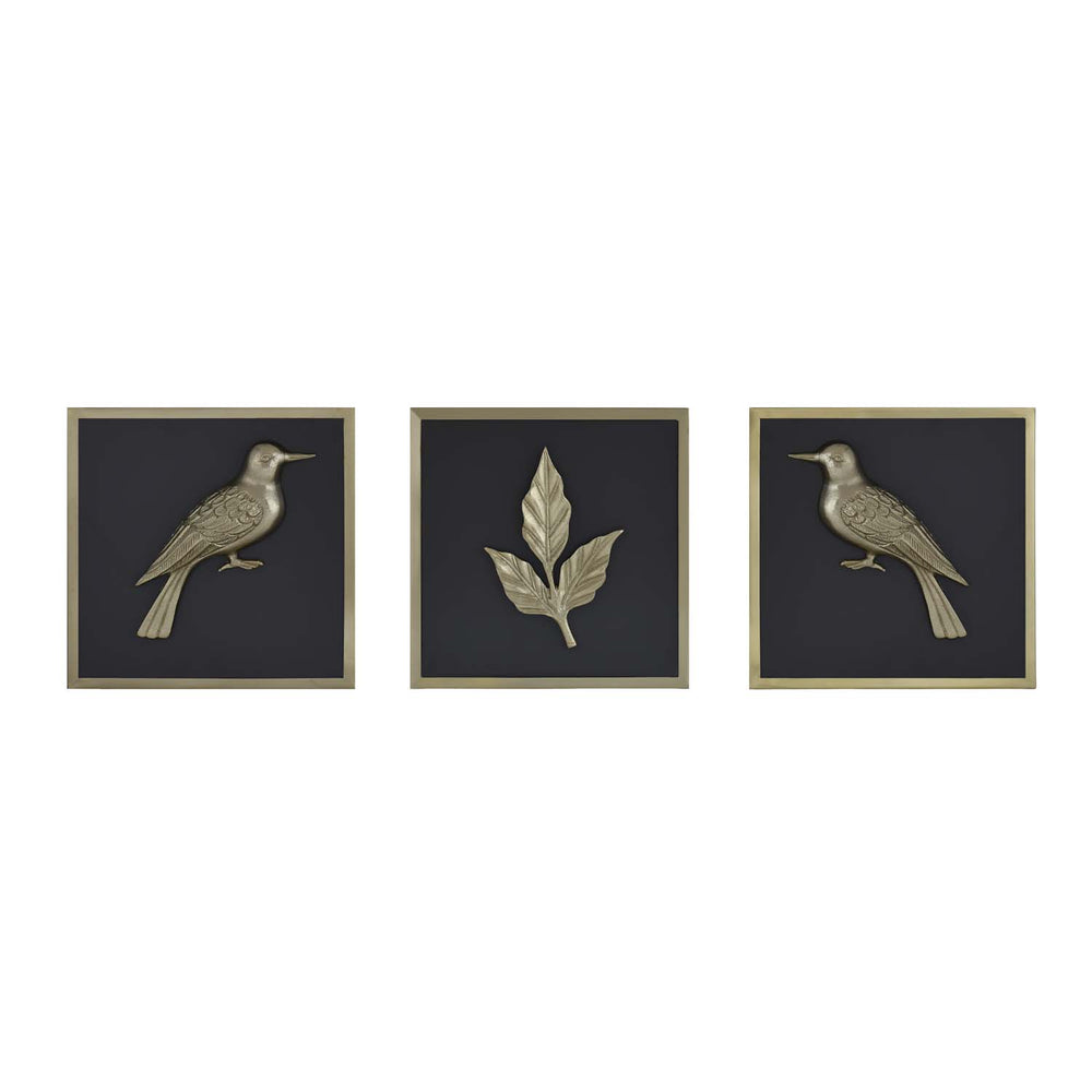 Birds and Leaf Metal & MDF Wall Art Set of 3- Gold & Brown