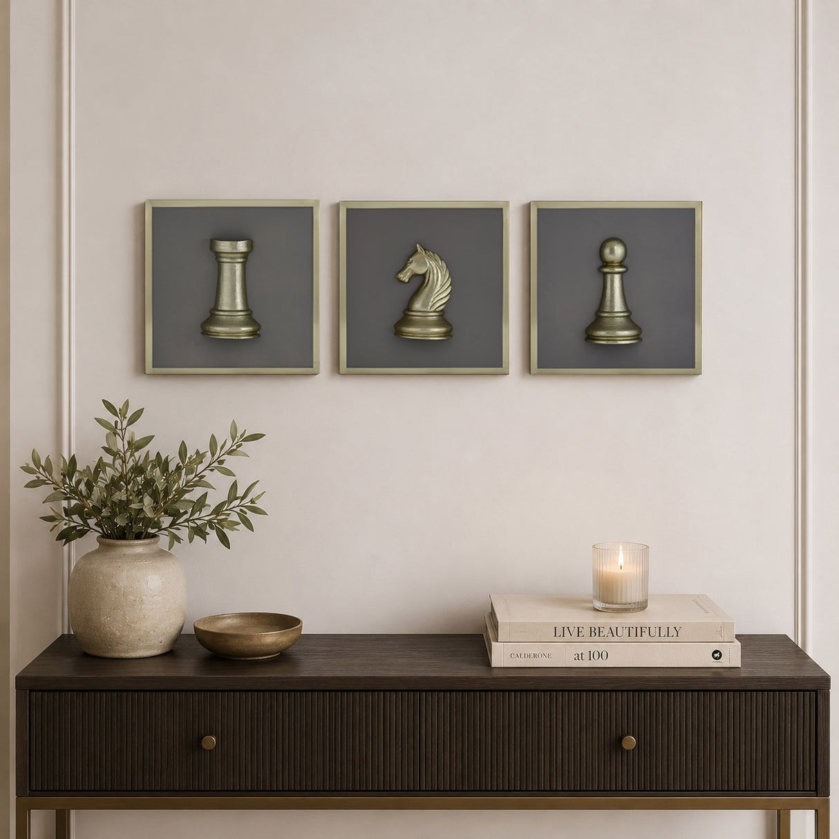 Chess Icons Metal & MDF Wall Art Set of 3- Gold & Cream