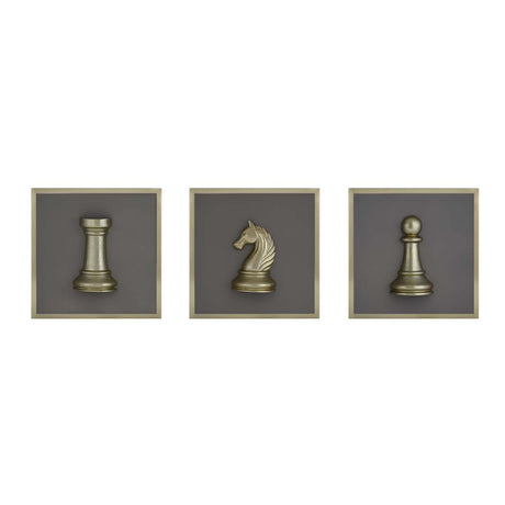 Chess Icons Metal & MDF Wall Art Set of 3- Gold & Cream