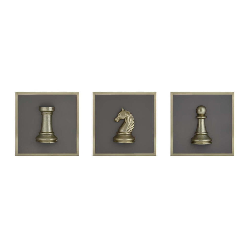 Chess Icons Metal & MDF Wall Art Set of 3- Gold & Cream