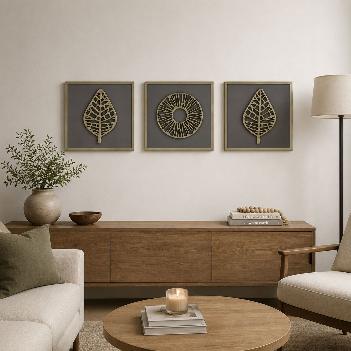 Modern Leaf Metal & MDF Wall Art Set of 3- Gold & Cream