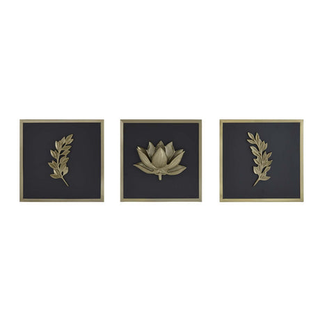 Lotus Metal & MDF Wall Art Set of 3- Gold & Brown