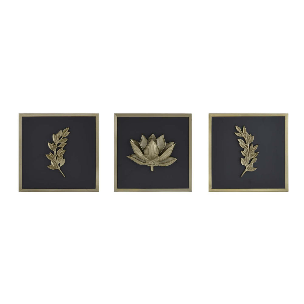 Lotus Metal & MDF Wall Art Set of 3- Gold & Brown