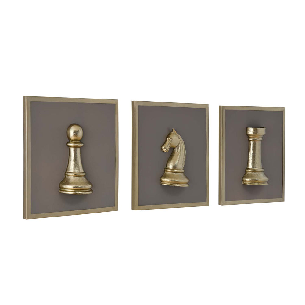 Chess Icons Metal & MDF Wall Art Set of 3- Gold & Cream