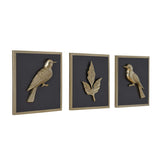 Birds and Leaf Metal & MDF Wall Art Set of 3- Gold & Brown