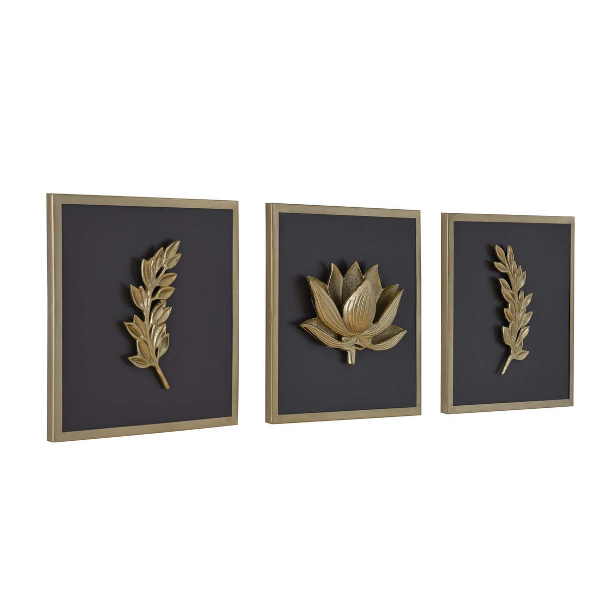 Lotus Metal & MDF Wall Art Set of 3- Gold & Brown