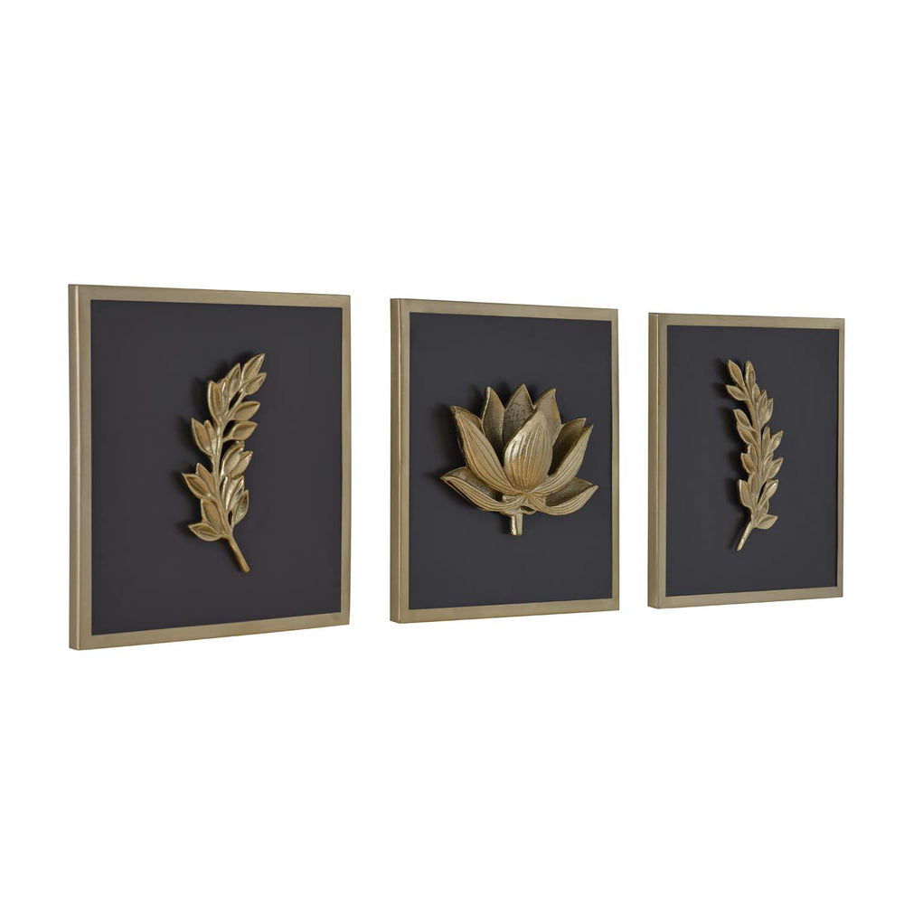 Lotus Metal & MDF Wall Art Set of 3- Gold & Brown