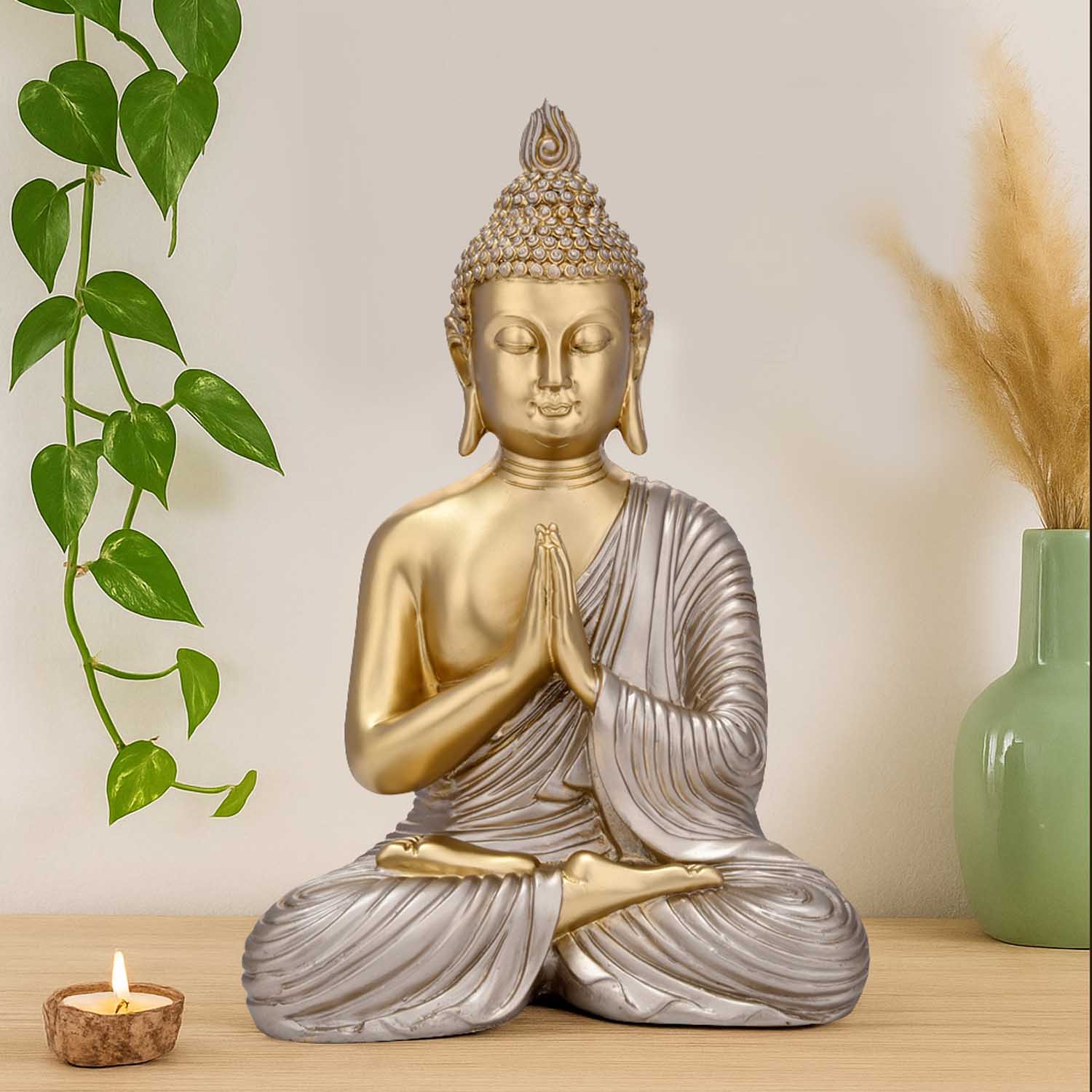 Namaskar Mudra Buddha Decorative Polyresin Showpiece- Gold and Silver