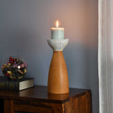 Wooden Large Candle Holder- Brown and White
