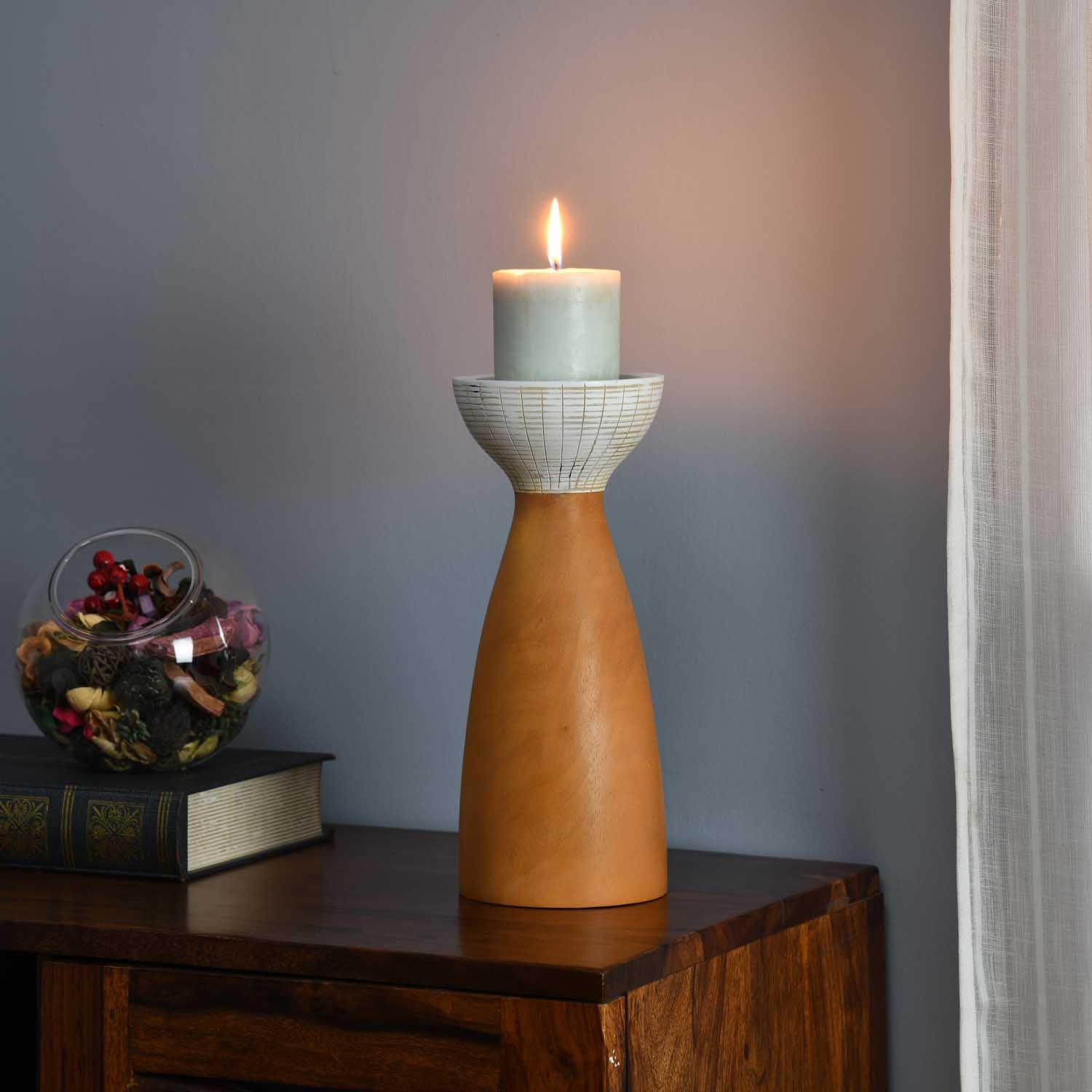 Wooden Large Candle Holder- Brown and White
