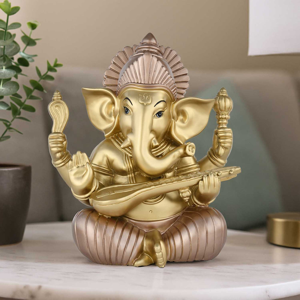 Ganesha Playing Sitar Decorative Polyresin Showpiece- Bronze and Gold
