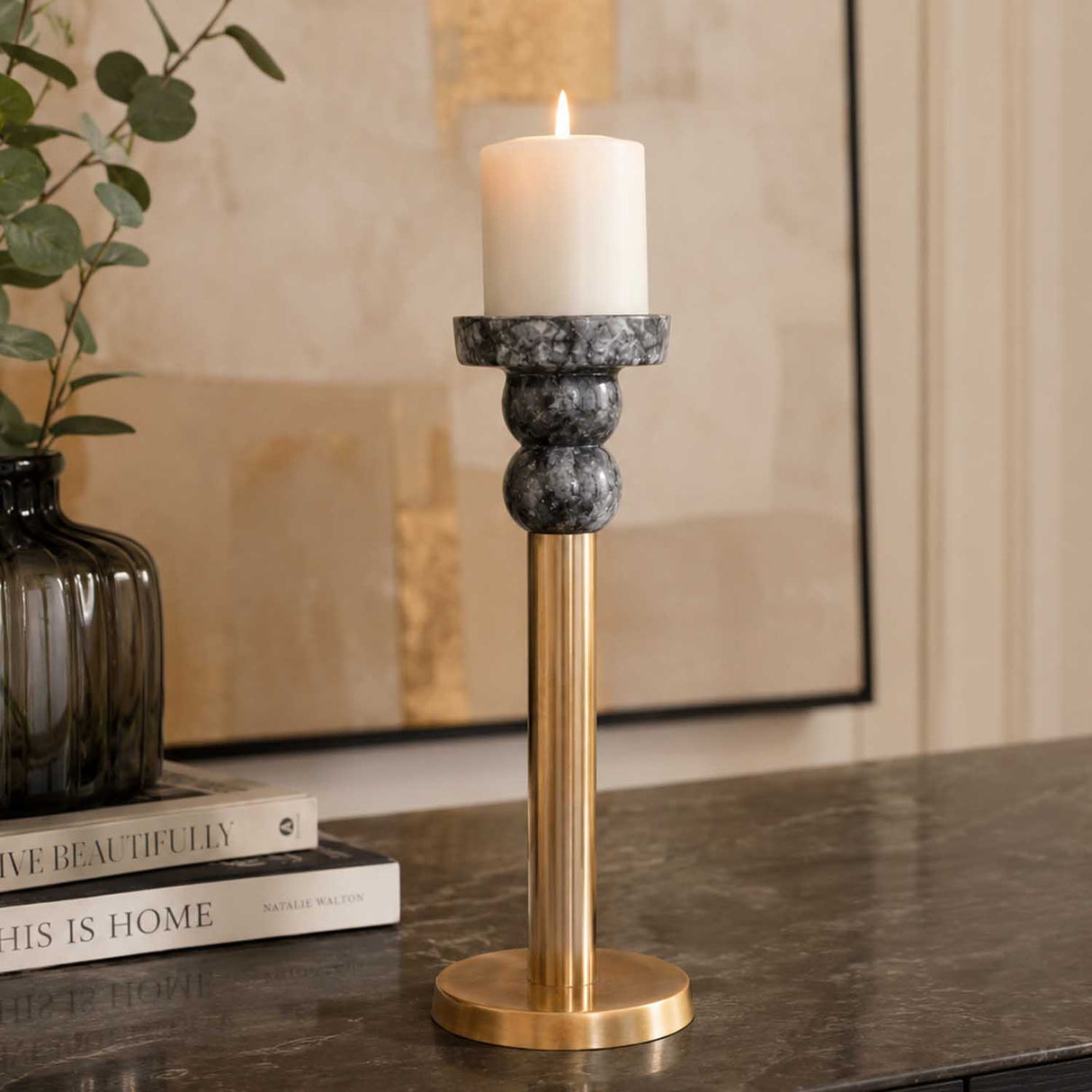 Decorative Tiered Pillar Metal Candle Holder- Black & Gold
