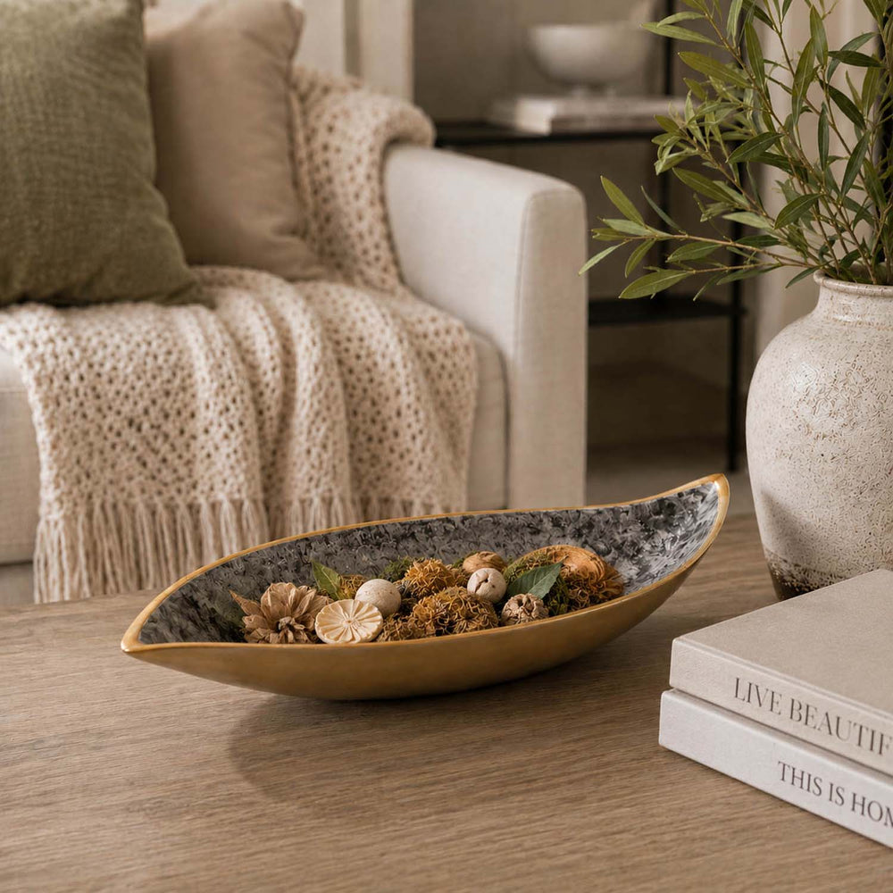 Leaf Shaped Metal Decorative Platter- Black & Gold
