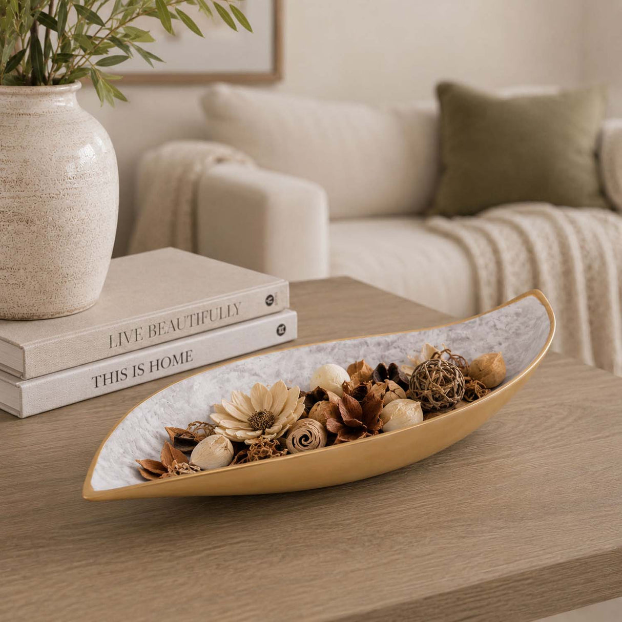 Leaf Shaped Metal Decorative Platter- White & Gold