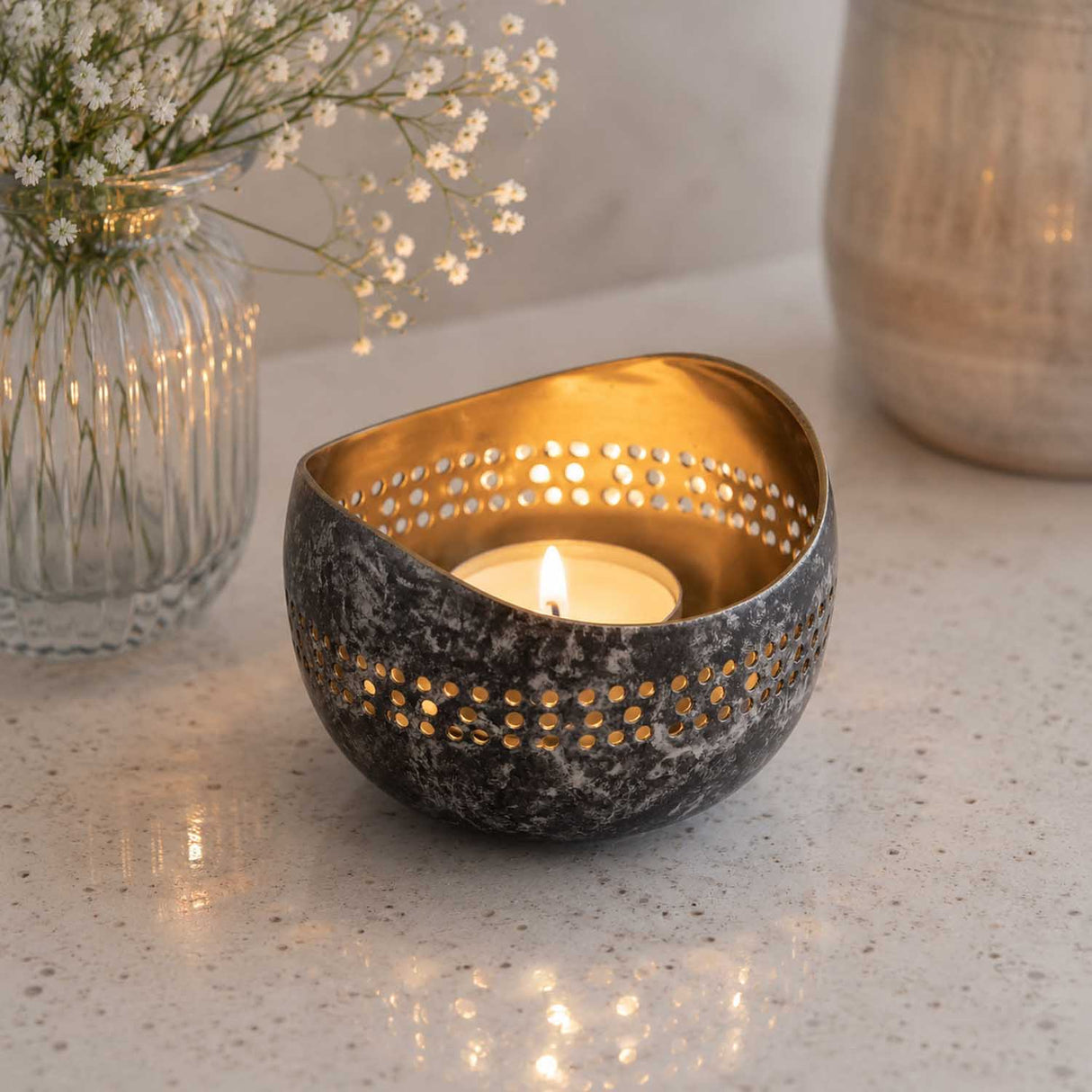 Decorative Cutwork Metal Votive - Black & Gold