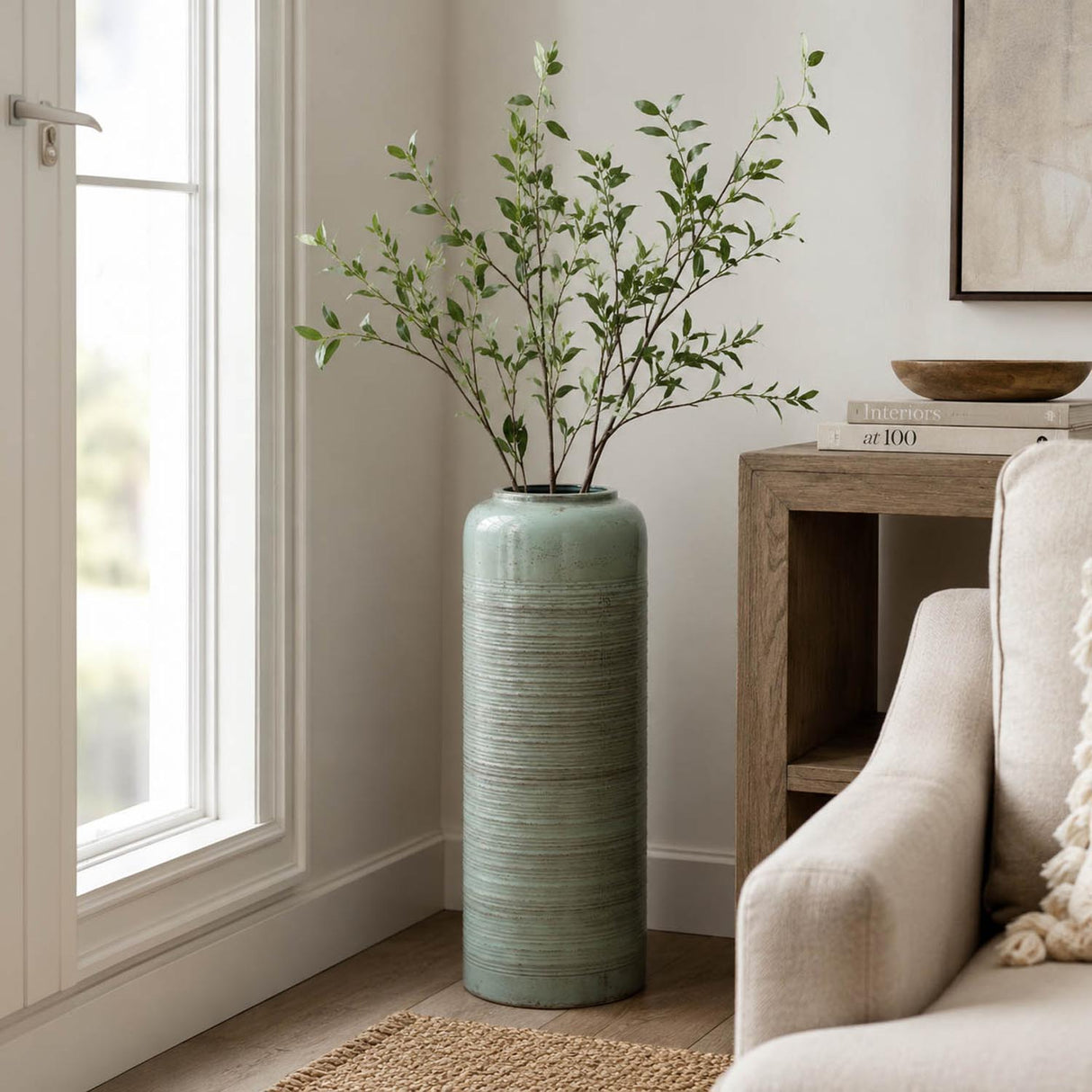 Ribbed Cylindrical Metal Floor Vase- Green