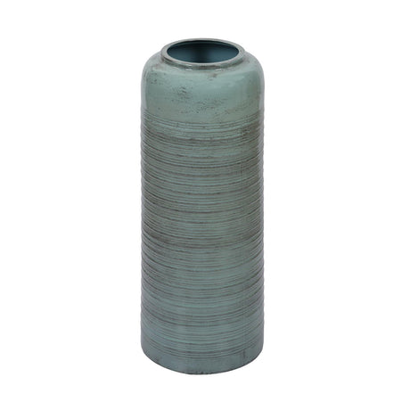 Ribbed Cylindrical Metal Floor Vase- Green
