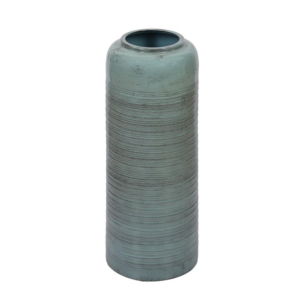 Ribbed Cylindrical Metal Floor Vase- Green