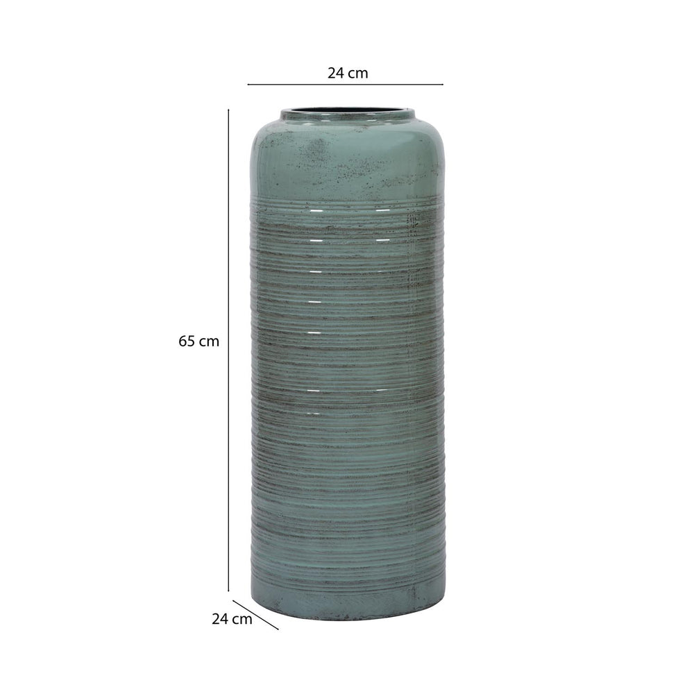 Ribbed Cylindrical Metal Floor Vase- Green