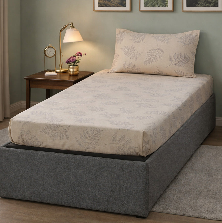 Ammara Leaf Design Polyester Single Bedsheet with 1 Pillow Cover- Beige