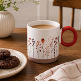 Floral Design 420 ml Round Handle Ceramic Coffee Mug- Red