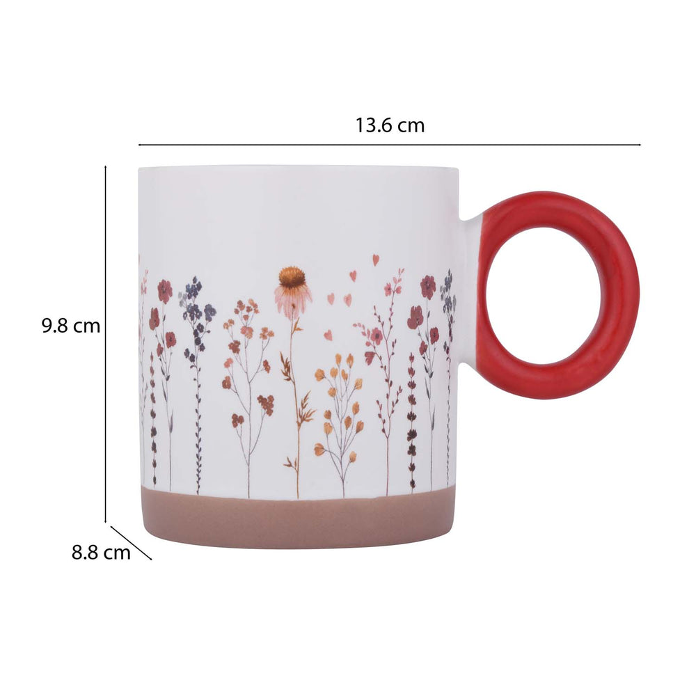 Floral Design 420 ml Round Handle Ceramic Coffee Mug- Red