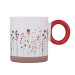 Floral Design 420 ml Round Handle Ceramic Coffee Mug- Red