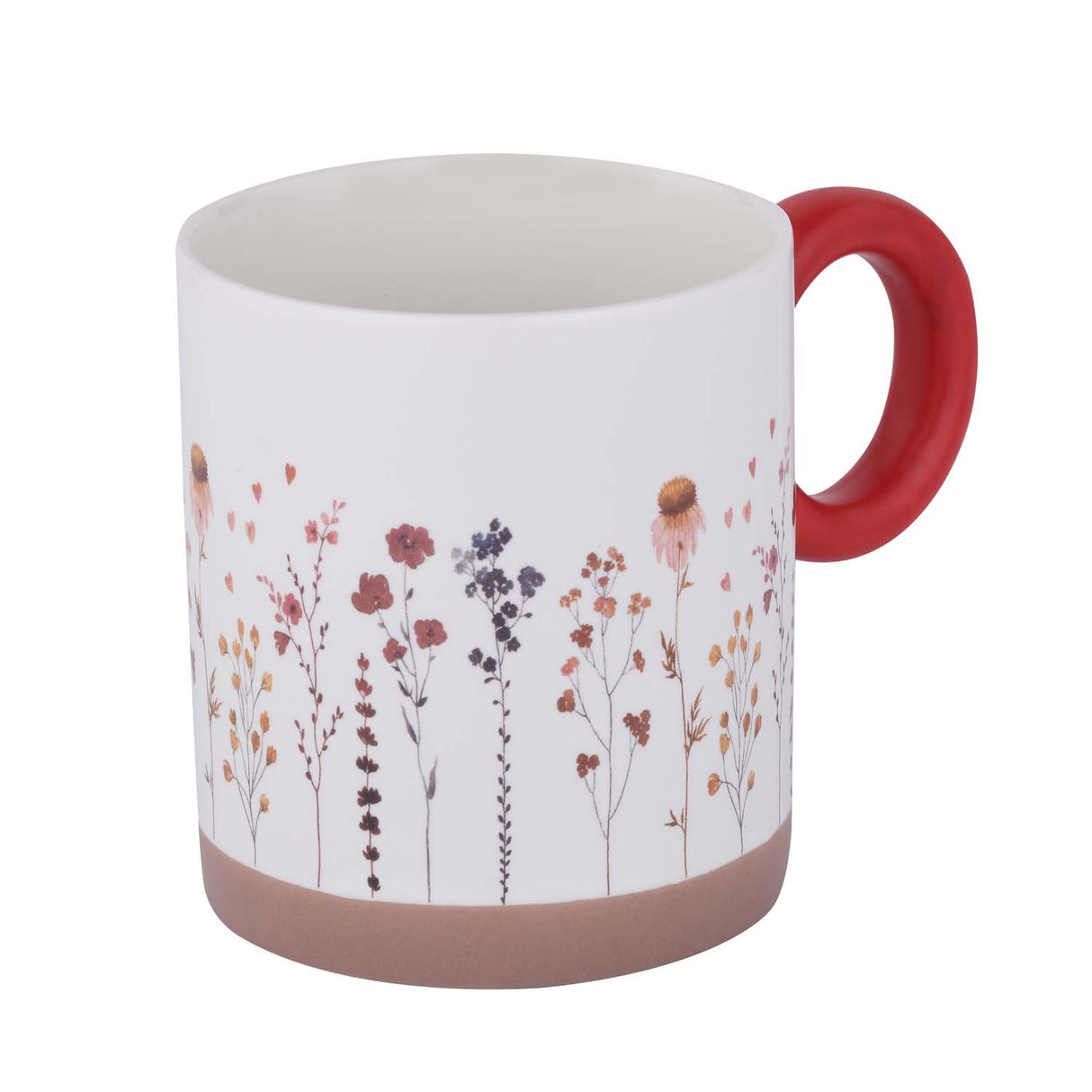 Floral Design 420 ml Round Handle Ceramic Coffee Mug- Red