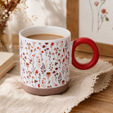 Floral Design 420 ml Round Handle Ceramic Coffee Mug- Red