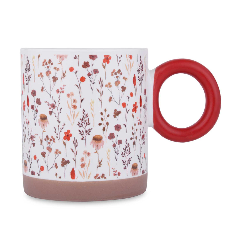 Floral Design 420 ml Round Handle Ceramic Coffee Mug- Red