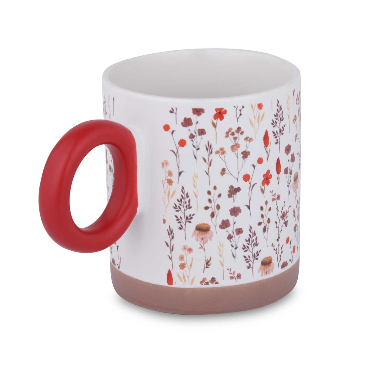 Floral Design 420 ml Round Handle Ceramic Coffee Mug- Red