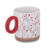 Floral Design 420 ml Round Handle Ceramic Coffee Mug- Red