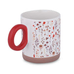 Floral Design 420 ml Round Handle Ceramic Coffee Mug- Red