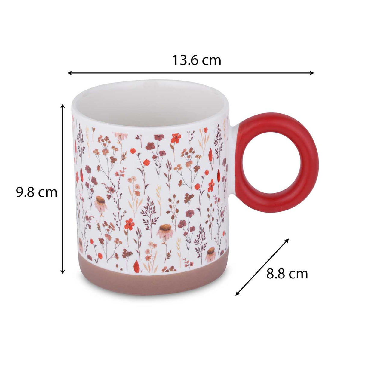 Floral Design 420 ml Round Handle Ceramic Coffee Mug- Red