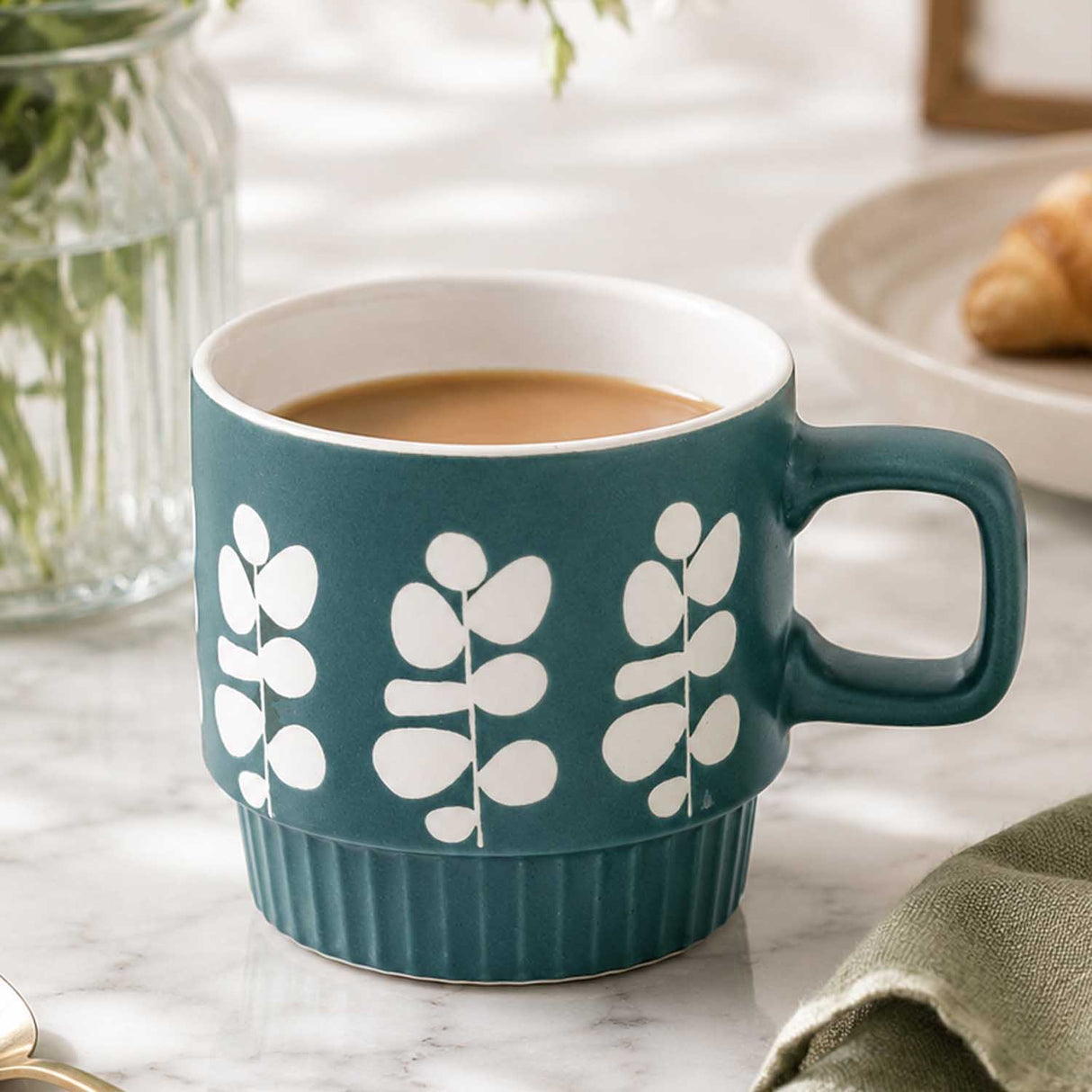 Botanical Design 380 ml Ceramic Coffee Mug- Green