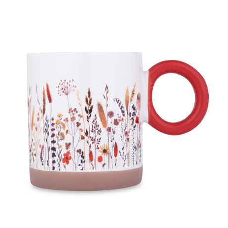 Floral Design 420 ml Round Handle Ceramic Coffee Mug- Red