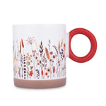 Floral Design 420 ml Round Handle Ceramic Coffee Mug- Red