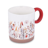 Floral Design 420 ml Round Handle Ceramic Coffee Mug- Red