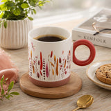 Floral Design 420 ml Round Handle Ceramic Coffee Mug- Red