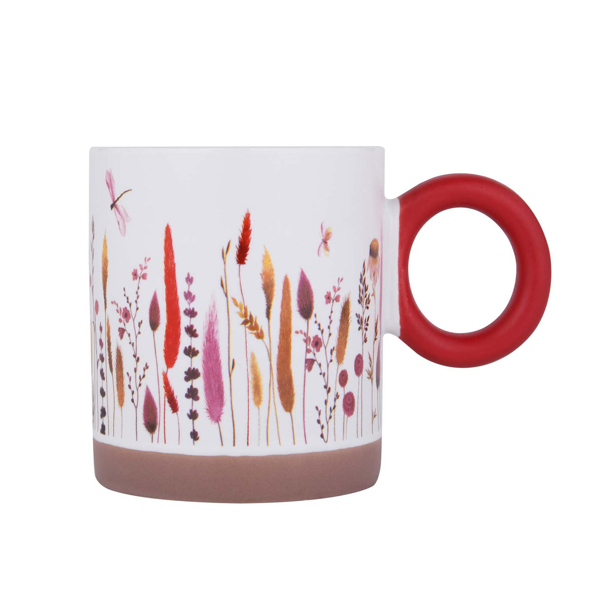 Floral Design 420 ml Round Handle Ceramic Coffee Mug- Red