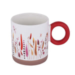 Floral Design 420 ml Round Handle Ceramic Coffee Mug- Red
