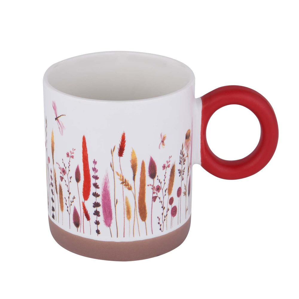Floral Design 420 ml Round Handle Ceramic Coffee Mug- Red