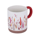 Floral Design 420 ml Round Handle Ceramic Coffee Mug- Red