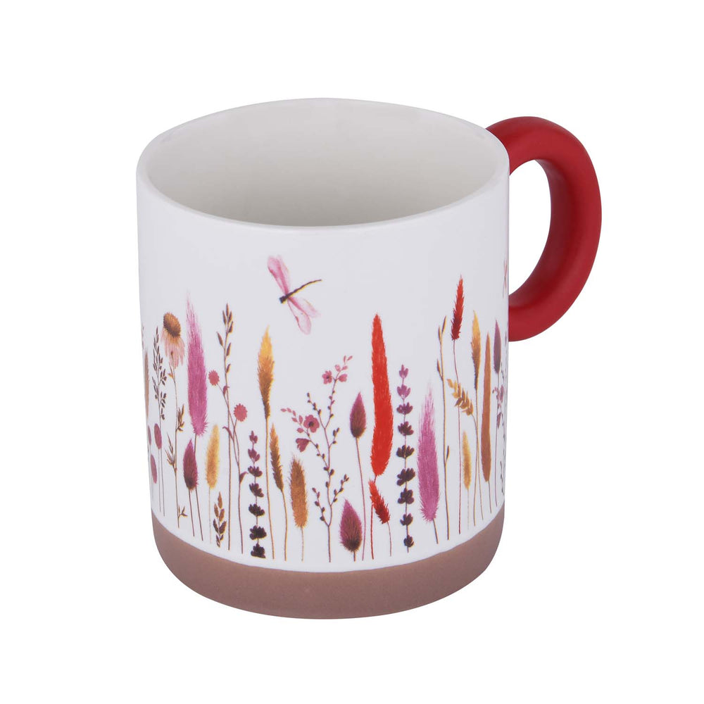 Floral Design 420 ml Round Handle Ceramic Coffee Mug- Red