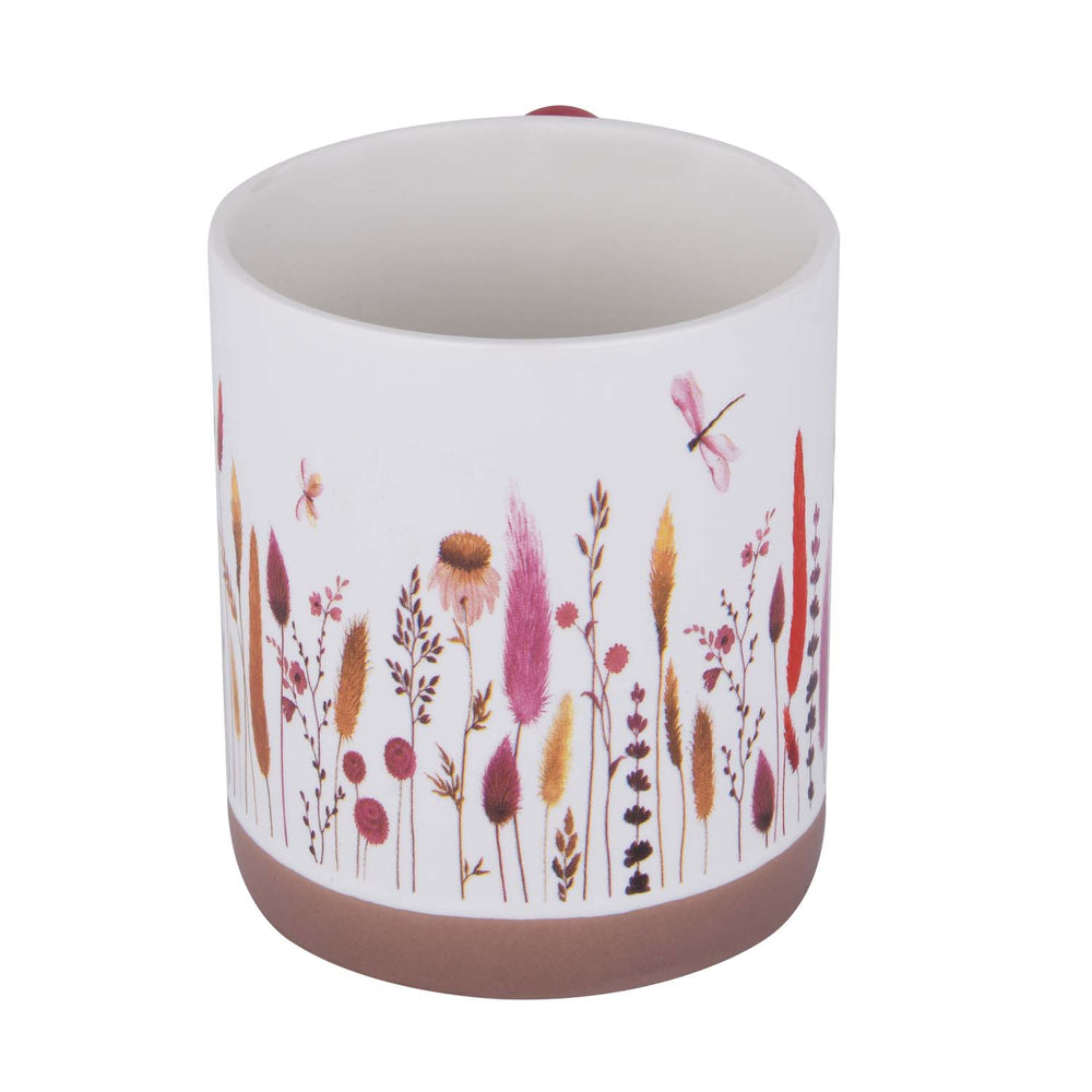 Floral Design 420 ml Round Handle Ceramic Coffee Mug- Red