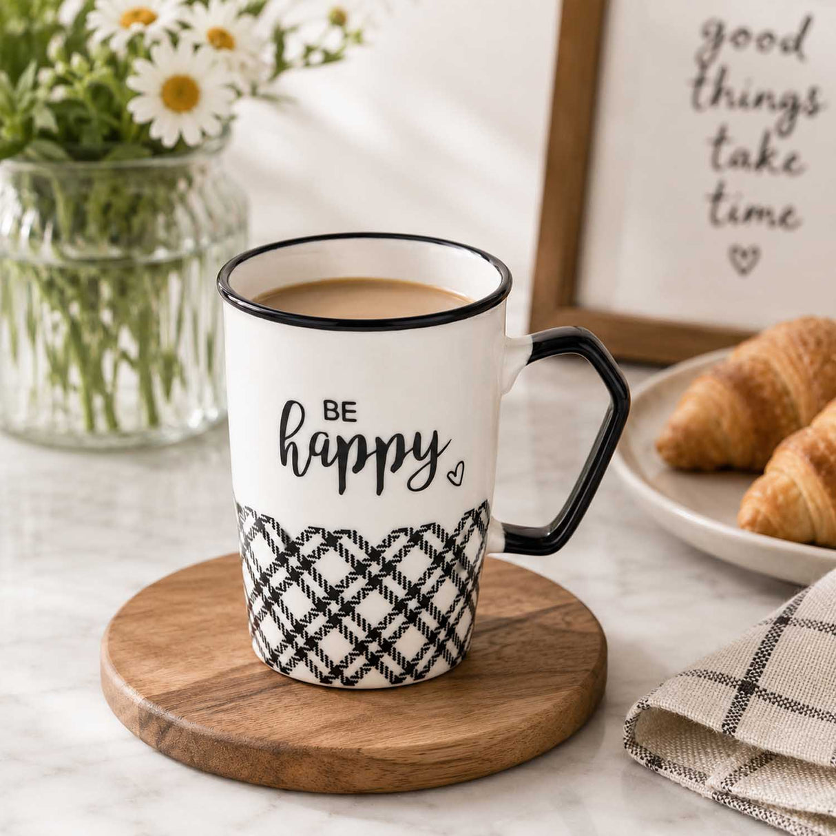 Be Happy Printed 450 ml Ceramic Coffee Mug- Black & White