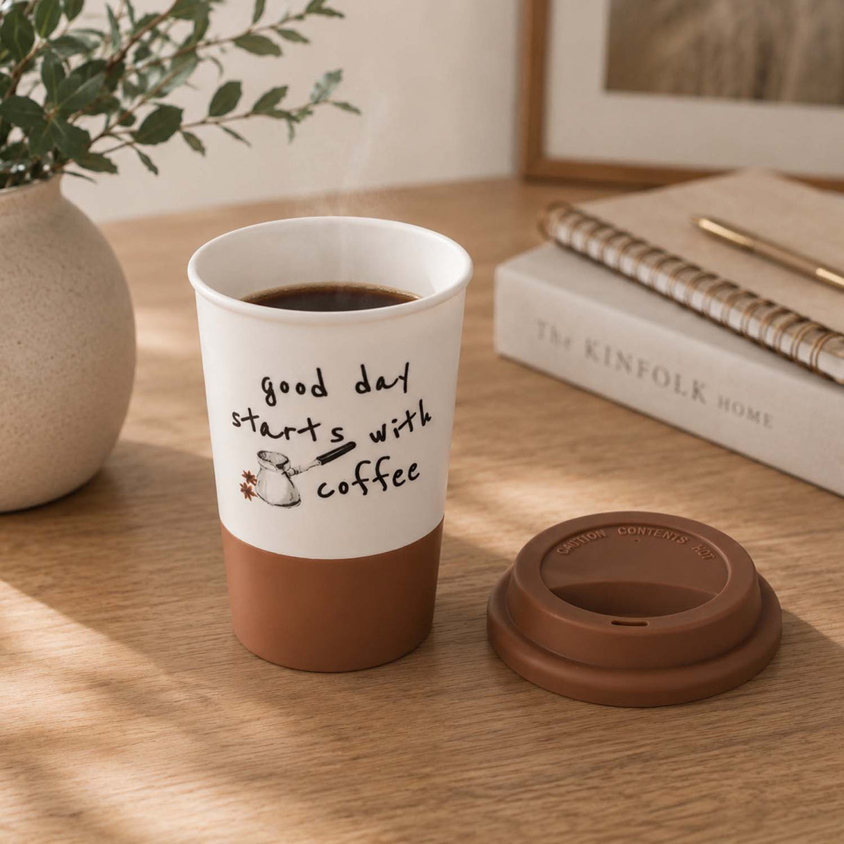 Good Day Printed 420 ml Ceramic Coffee Mug with Lid- Brown