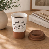 Good Day Printed 420 ml Ceramic Coffee Mug with Lid- Brown