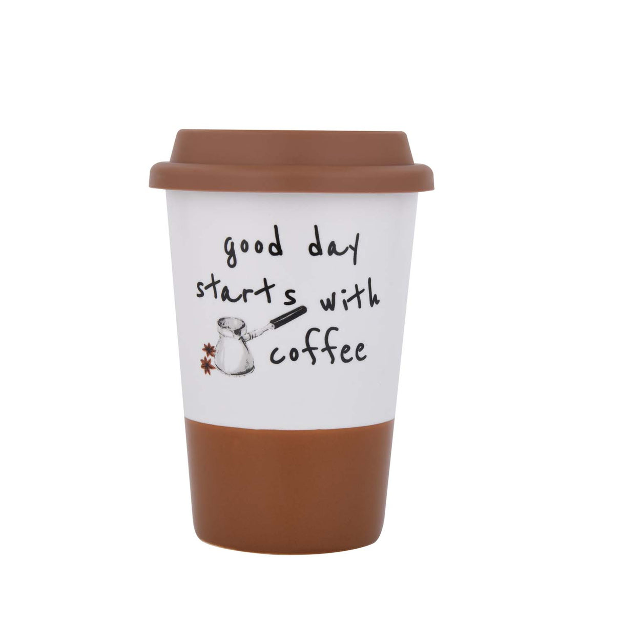 Good Day Printed 420 ml Ceramic Coffee Mug with Lid- Brown