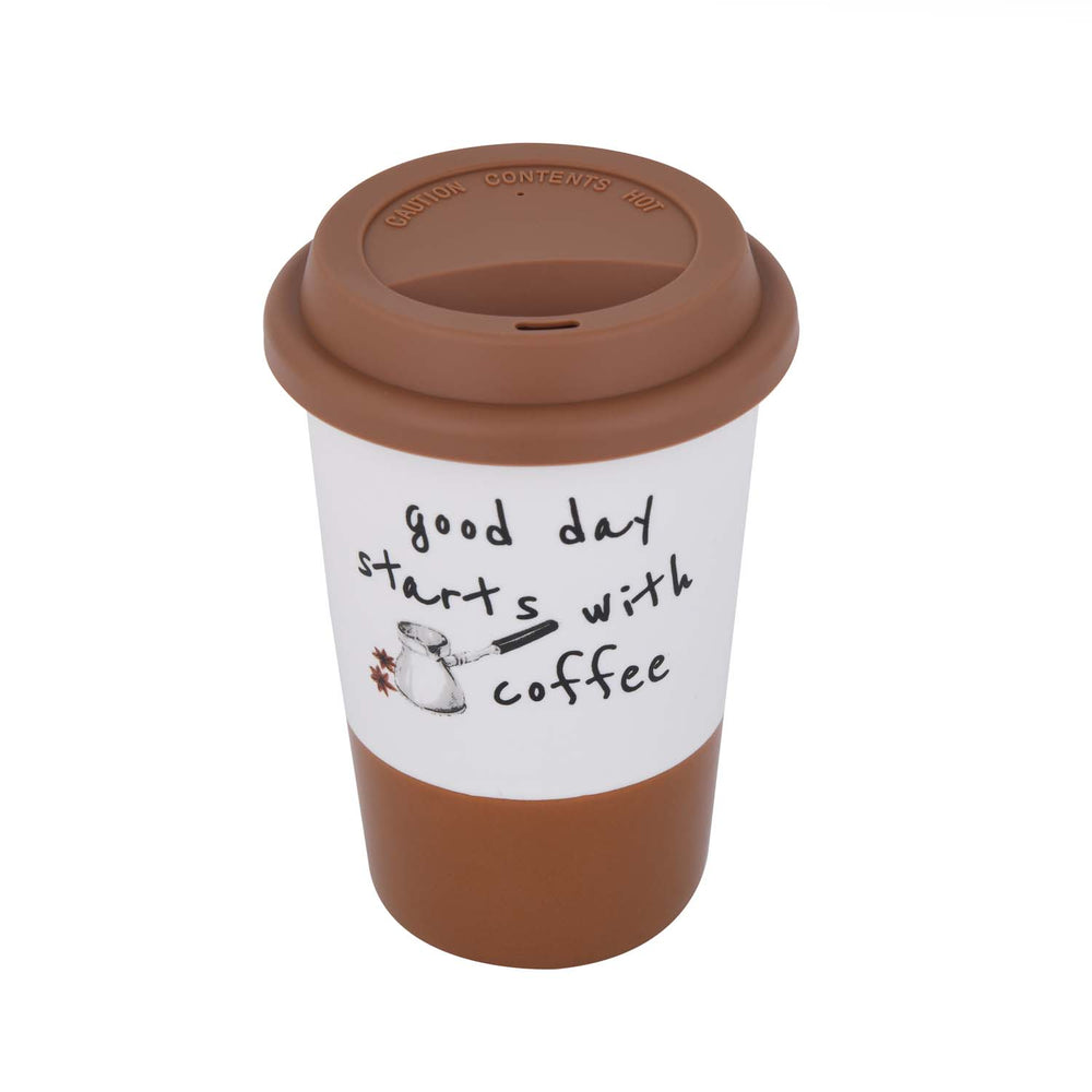 Good Day Printed 420 ml Ceramic Coffee Mug with Lid- Brown